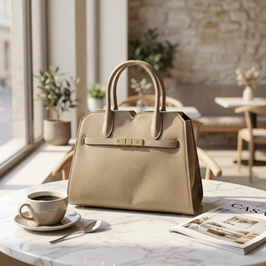 Sac fourre-tout beige en cuir véritable pour femme, sac à main structuré à double poignée avec fermeture éclair, idéal pour le bureau, le quotidien et les voyages - Product Image 4