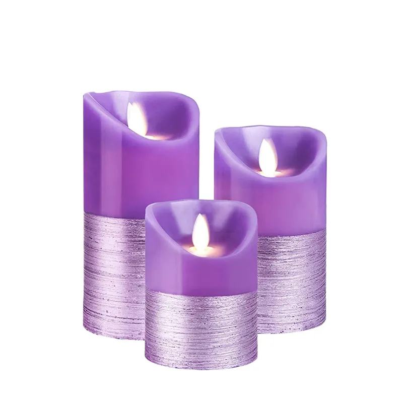 Purple Trim Flameless Candles Flickering LED Battery Operated Electric Pillar Candle Realistic Flicker Remote Controls & Timer