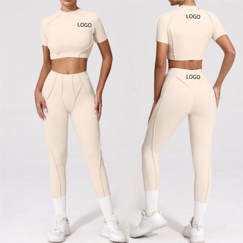 Aoyema New Custom Quick-Drying Tight Short-Sleeved Running Naked Yoga HIgh Waist Leggings Gym Fitness 2piece Set for Sports Wear