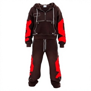 Chándal Unisex de Estilo Urbano con Capucha, Completamente en Bloques de Color Rojo y Negro, 100% Algodón, Transpirable, Ligero, de Corte Holgado, para Invierno - Product Image 1