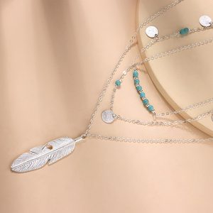 Gioielli alla moda turchese perline piuma paillettes oro e argento placcato multistrato collana - Product Image 3