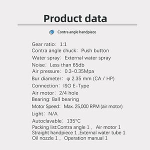 Motor de aire Juego de pieza de mano de 2 agujeros/4 agujeros y Contra Ángel Pieza de mano de baja velocidad 1:1 Rotio Push Botton con rociador de agua externo - Product Image 6