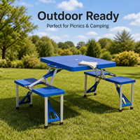 Table de pique-nique pliante, ensemble de table et chaises de camping portables, table 4 places avec tabourets, structure en métal pour pique-nique en camping, bleu