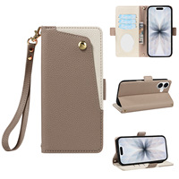 Casing Kulit Litchi Mewah Model Flip Cover Anti Benturan dengan Tali Pergelangan Tangan & Tali Leher untuk Ponsel 17/16 Grosir Pabrik