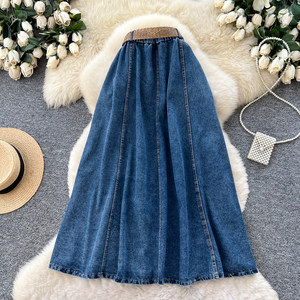 Jupe trapèze rétro en jean avec ceinture tissée pour femme, <span class=keywords><strong>taille</strong></span> haute amincissante, mi-longue, polyvalente, <span class=keywords><strong>grande</strong></span> jupe évasée pour l'été - Product Image 4