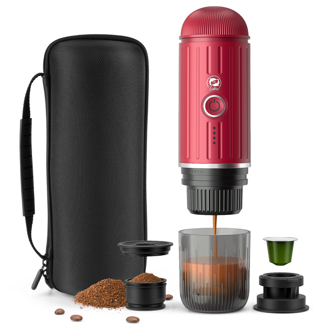 Rose Red Espresso Coffee Machine Self-heating Travel Capsule Coffee Maker,compatible with Nespresso Original Capsules