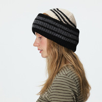 Bonnet tricoté à rayures pour femme, style rétro, blocs de couleur, bonnet d'hiver épais et doux, tricoté côtelé, chaud, pour usage quotidien décontracté