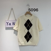 Pull-over décontracté en maille à manches courtes pour femme, motif Argyle, col rond doux, vente en gros, collection Printemps-Été