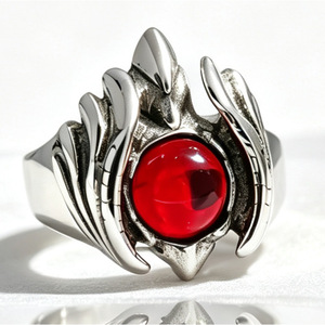 yunnique Men's <b>Titanium</b> Steel <b>Ring</b> Wings Shape Red Agate Bezel Setting Fashion Jewelry Gift - Product Image 1