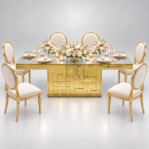 Luxury Gold Stainless Steel Dining Table <b>Mirror</b> Glass Top <b>Mosaic</b> Pedestal Base Hotel Wedding Event Wholesale Supplier - Product Image 3