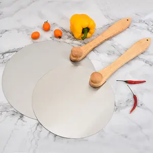 Pelle à pizza ronde en acier inoxydable de qualité alimentaire Manjia 10 "12" spatule à pizza tournant la pagaie à éplucher la pizza avec manche en bois pliable