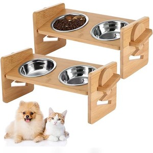 Adjustable Wooden Pet <b>Bowl</b> <b>Stand</b> With Double Stainless Steel <b>Bowls</b> Elevated Feeding Rack For Cats And <b>Dogs</b> - Product Image 1