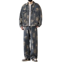 Ensemble Veste et Pantalon en Jean Vintage Délavé Effet Vieilli Jacquard Multi-Poches pour Homme (Vente en Gros)
