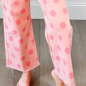 Fabricant de jeans décontractés pour femmes, personnalisés, à grands pois, extensibles, couleur blush, <span class=keywords><strong>taille</strong></span> <span class=keywords><strong>haute</strong></span>, à ourlet brut et coupe large - Product Image 4