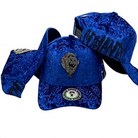 Casquette de baseball vintage en velours bleu roi avec texture gaufrée et patch ballon homme en strass, style streetwear snapback