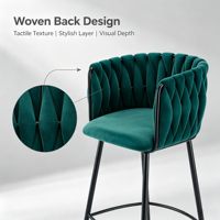 Chaise de bar au design moderne avec dossier en velours vert tissé, pieds et repose-pieds en métal noir pour bar à domicile ou café