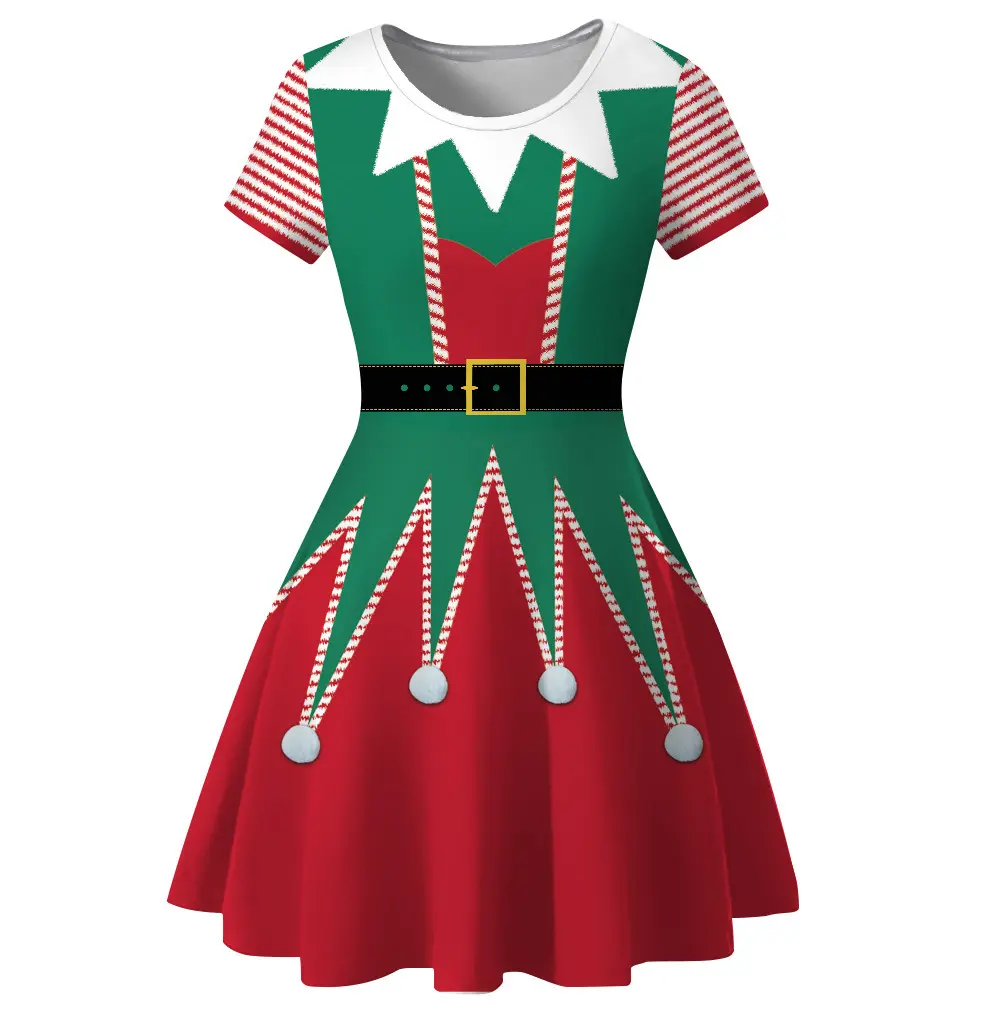 Fashion Print Dress Short Sleeve Christmas Clothes Cute Latest Christmas Dresses
