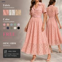 Robe longue de soirée décontractée pour femme en polyester et coton, avec superposition en dentelle, col en V, revers, manches courtes, boutonnée, ceinturée, taille haute, coupe trapèze, idéale pour l'été (OEM)