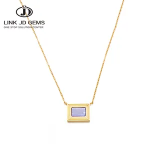 JD GEMS European American Style Rectangular Stainless Steel Gold-plated Lapis Lazuli Natural Stone Cuban Chain Women's Necklace