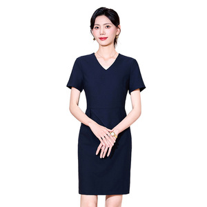V-Neck Short Sleeve Dress Women Elegant Peplum Waist Cinching Workwear Blue Grey Career Dress Fake Two Piece Design - Product Image 5