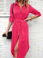 Nouvelle Arrivée Robe Chemise Décontractée pour Femme, Idéale pour le Bureau et le Quotidien, Coupe Ample Droite Unie avec Boutons et Ceinture