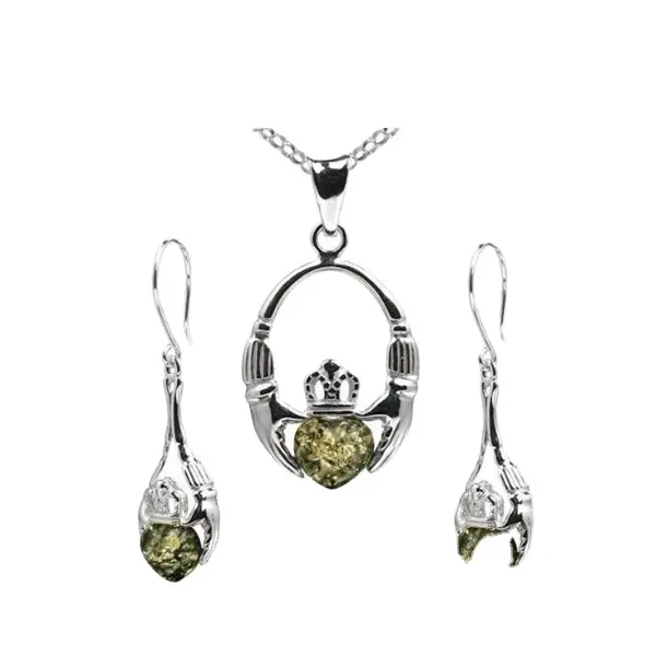 Nuovi gioielli di moda in argento 925 moda gioielli in zircone per donna verde ambra Claddagh ciondola collana orecchini