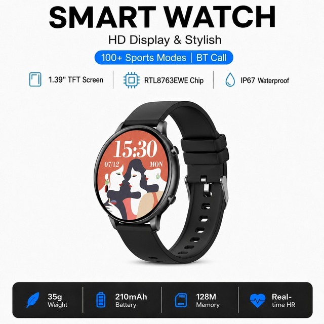 AI Voice Assistant Smart Watch BT Call Round HD Screen Heart Rate Monitor 100 Plus Sport Modes IP67 Waterproof Band