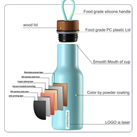 Bouteille d'eau isotherme en acier inoxydable avec couvercle en bois et poignée en silicone, anti-fuite, sans BPA, pour enfants