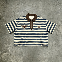 Chemise rayée épaisse bleue délavée vintage avec patch étoile aigle, fermeture éclair, coupe courte pour homme, ourlet effiloché, style rétro