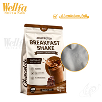 Sachet refermable personnalisé en aluminium imprimé avec fermeture éclair, pour boisson protéinée, chocolat, petit-déjeuner, fond plat, emballage