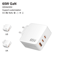 Chargeur GaN 65W, 3 ports USB C, 65W PD QC, adaptateur mural de charge rapide, prise EU, station de charge rapide multi-appareils pour ordinateur portable, téléphone
