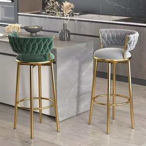 Taburete de Cocina de Lujo Nórdico, Silla Alta Moderna <span class=keywords><strong>con</strong></span> Metal Dorado, Terciopelo y Cuero, Mueble de Plástico Ajustable para Mesa - Product Image 2