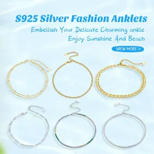 RINNTIN SA Summer Foot Jewelry 925 Sterling Silver Ankle Bracelet For Women Gold Ancle Layered Cuban Link Chain Wholesale Anklet