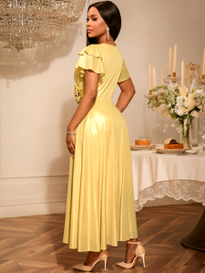 AM050408 brillante cuello en V manga corta flor hendidura una línea vestidos largos oro Maxi vestido de noche para las mujeres - Product Image 3