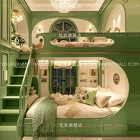 Lit superposé en bois massif pour enfants, style pastoral forestier, thème cabane dans les arbres, pour villa, chambre à thème ou gîte, avec escalier et rangement