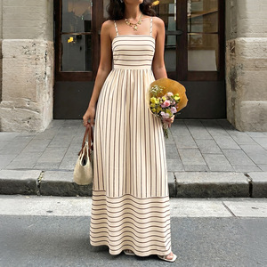 Robe longue rayée sans manches, col carré, dos nu, taille haute, coupe trapèze, décontractée, pour les vacances d'été - Product Image 3