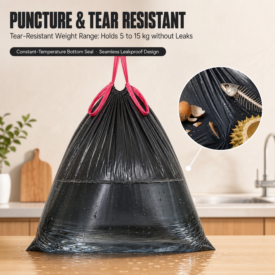 Black HDPE Drawstring Trash Bags Auto Closure Leak Proof Thickened ...