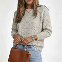 Pull-over court pour femme à col ras du cou et manches raglan, gris clair chiné noir, style ample et décontracté, à pois, marque privée