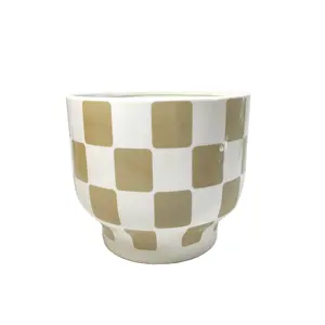 Hot-Selling Small Plaid Series Grid-Painted Clay Planter Large Flower Pot with Stand for Gardens Home Decor Garden Supplies