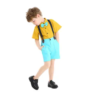 SUM38 Bébé Garçon Été Coton Gentleman À Manches Longues Noeud Papillon Barboteuse Bretelles Shorts Tenue Ensemble Enfants Garçon Robe D'été