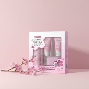Nouveautés Coffret Cadeau 4 Pièces Fleur de Cerisier Japonaise <span class=keywords><strong>Sakura</strong></span> Éclatante Luxueuse à la Niacinamide : Hydratant Visage, Savon Artisanal, Tonique - Product Image 1