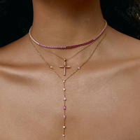 Gemnel 925 Sterling Silber Mehrfarbiger Runder CZ-Kreuzanhänger mit Dünner Kabelkette, Christliches Glaubens-Schmuckstück für Tägliches Tragen