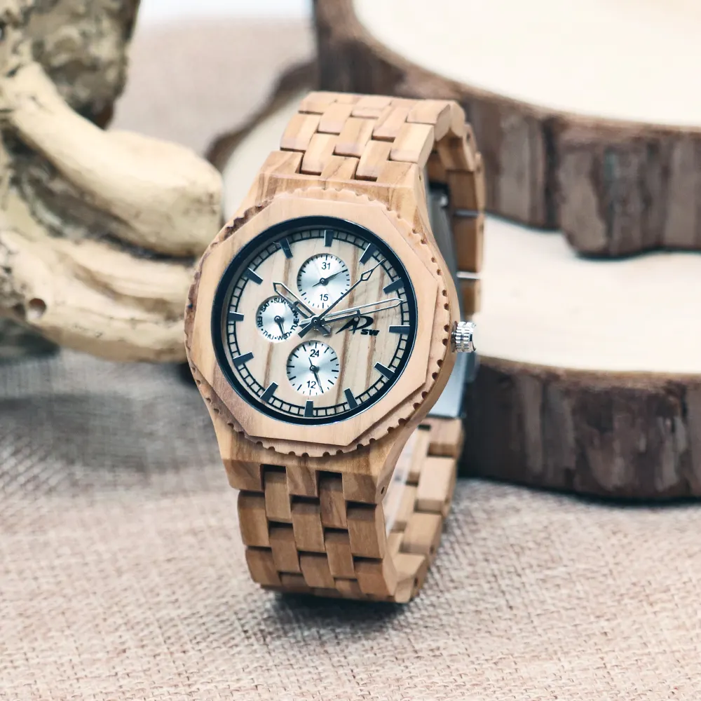 Reloj de pulsera con cronógrafo para hombre, accesorio masculino de moda con fecha automática, reloj de pulsera con movimiento de madera Real y cara occidental