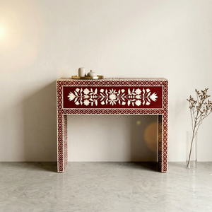 Table console en bois avec incrustations de os, fabrication artisanale indienne, rouge antique, pour entrée, hall, salon, table d'appoint - Product Image 1