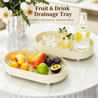 Plateau de rangement de table blanc crème avec grille d'égouttage amovible, pieds antidérapants, organisateur de comptoir de cuisine pour fruits et boissons