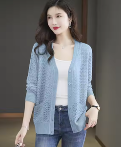 2025 Phụ nữ mùa đông áo khoác giản dị hiệu ứng sáng bóng mới lạ v-cổ pointelle lạ mắt đan tay áo dài Trung Quốc túi hiệu ứng sáng bóng - Product Image 1