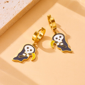 Halloween Stainless Steel Jewelry <b>Set</b> Cartoon Ghost Reaper Pumpkin Necklace <b>Bracelet</b> Earrings Party Unisex Fashion Accessory - Product Image 2