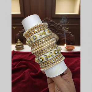 Jewelemarket <b>Gold</b> Plated White Kundan Stone and Pearl Acrylic <b>Bangles</b> and Bracelets <b>Set</b> - Product Image 3