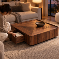 Table basse carrée en bois massif avec surface à motif étoile géométrique et deux tiroirs pour salon moderne