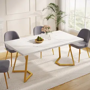 Tribesigns 8 인용 헤비 듀티 골드 메탈 다리 식탁 식당 가구가있는 직사각형 흰색 식탁